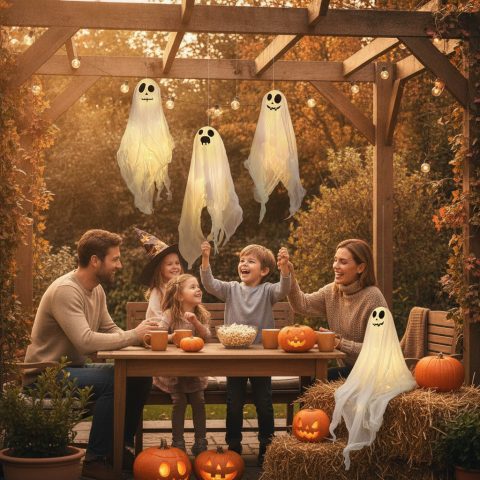 Leuchtende Halloween-Geister im Garten