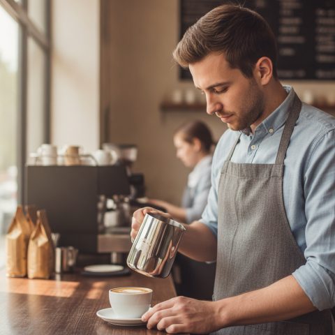 Milchkännchen aus Edelstahl im Café – Latte Art am Vormittag