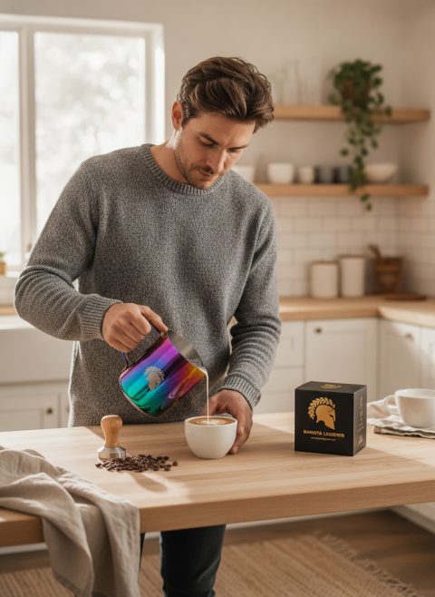 Milchkännchen für Latte Art in der Küche