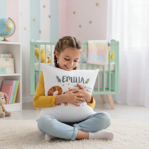 Kuschelkissen mit Eichhörnchen und Namen im Kinderzimmer
