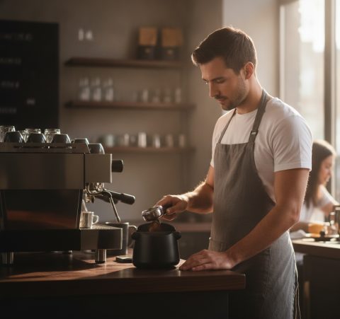 Abklopfbehälter im Café – Kaffeesatz aus dem Siebträger
