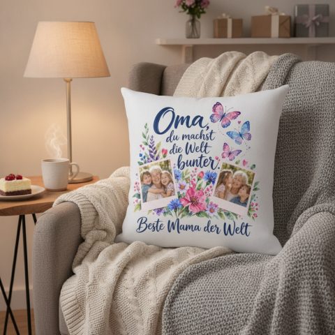 Geburtstagsgeschenk Oma – personalisiertes Fotokissen