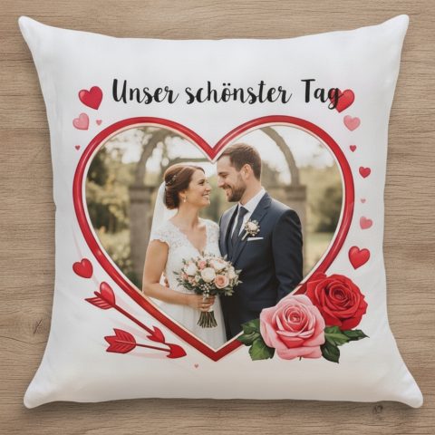 Personalisiertes Fotokissen zum Hochzeitstag mit Rosen und Herzen
