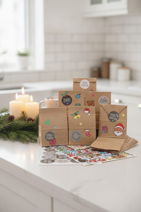 Adventskalender zum Befüllen: 24 Papiertüten mit Zahlenaufklebern
