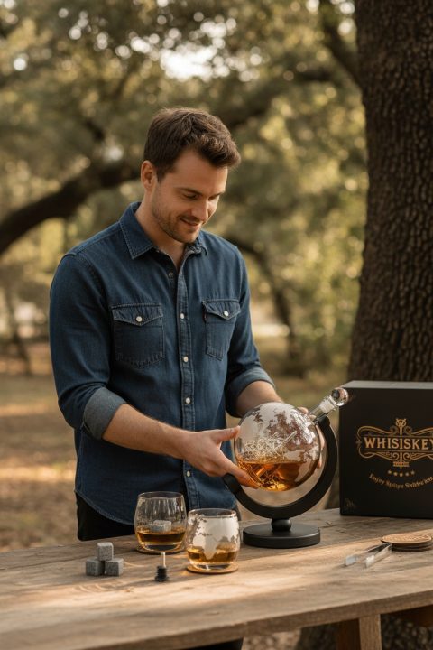 Whisky Karaffe im Globus-Design – draußen in der Natur