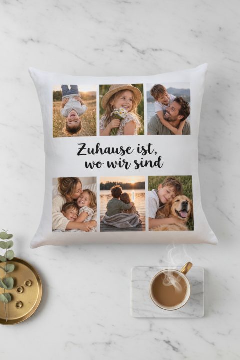 Fotokissen mit sechs Bildern und eigenem Text