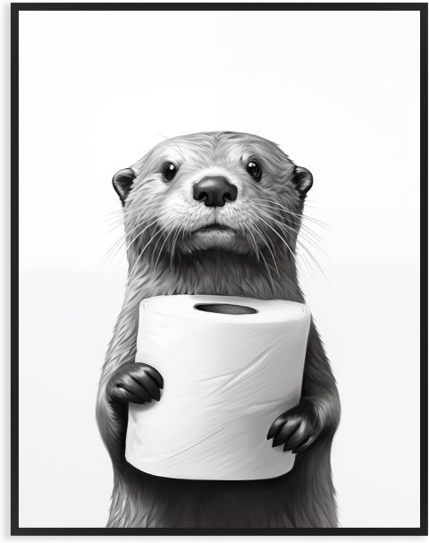 Otter mit Toilettenpapier – schwarz-weißes Bild fürs Badezimmer
