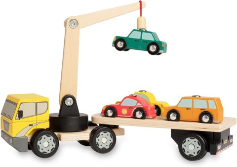 Holz-Autotransporter mit Magnetkran für Kleinkinder
