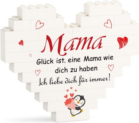 Pinguin mit Herz aus Bausteinen für Mama