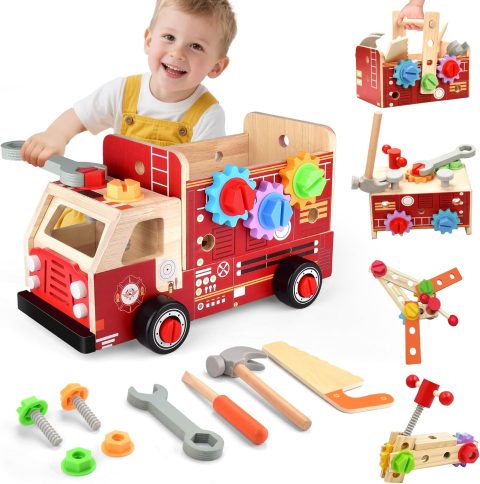 Werkzeugkoffer aus Holz als Feuerwehrauto für Kleinkinder
