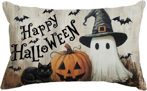 Halloween-Kissenbezug mit Katze und Kürbis