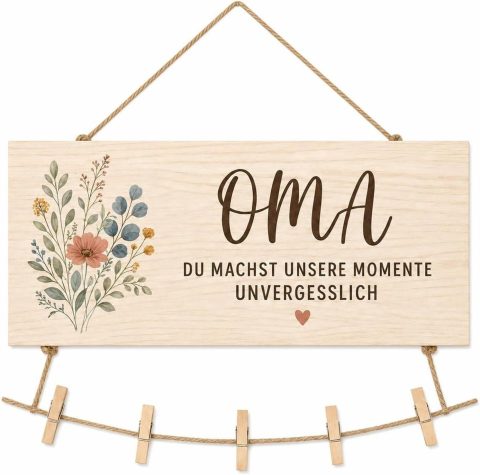 Holzschild mit Fotoklammern für Oma – persönliches Geschenk