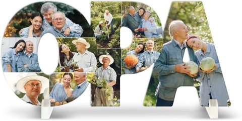 Fotocollage in Form des Schriftzugs „Opa“ aus Acrylglas mit Familienfotos
