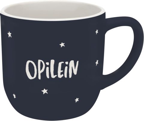 Tasse mit Gravur „Opilein“ zur Einweihung, Kaffeebecher aus Steinzeug