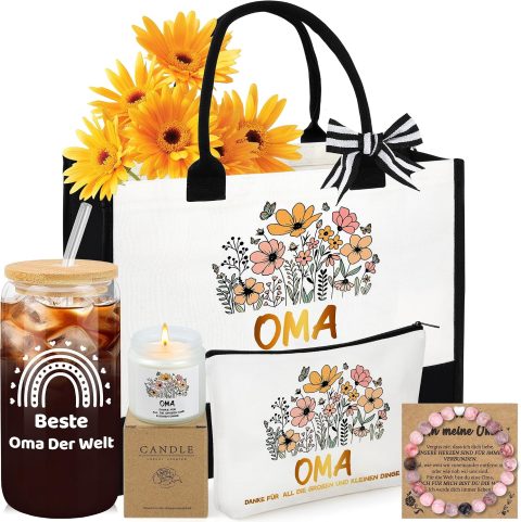 Geschenkset für Oma mit Tasche, Glasbecher und Armband