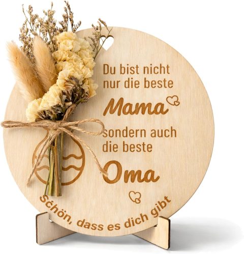 Runder Holzaufsteller mit Trockenblumen für Oma