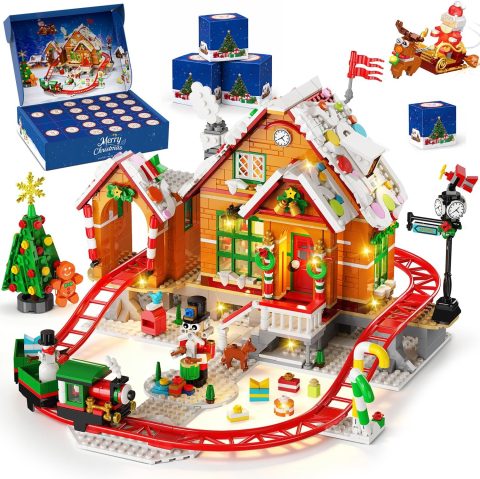 Bau-Adventskalender mit Lebkuchenhaus und Weihnachtszug