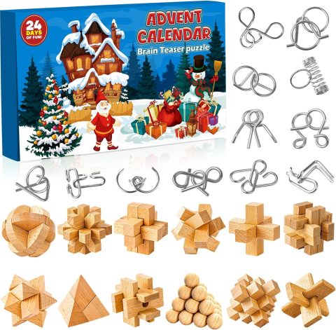 Knobelspiele-Adventskalender für Kinder aus Holz und Metall