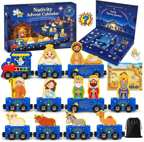 Adventskalender mit Holzeisenbahn und Krippenfiguren