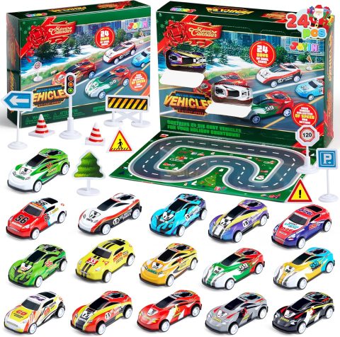 Adventskalender mit Aufziehautos für Kinder zum Spielen