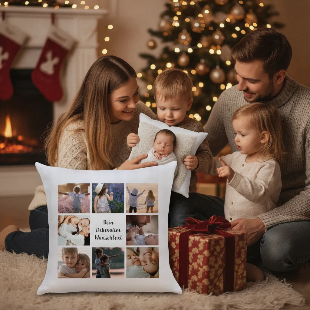 Weihnachtsgeschenk selbst gestalten: Fotokissen mit 8 Fotos und Wunschtext