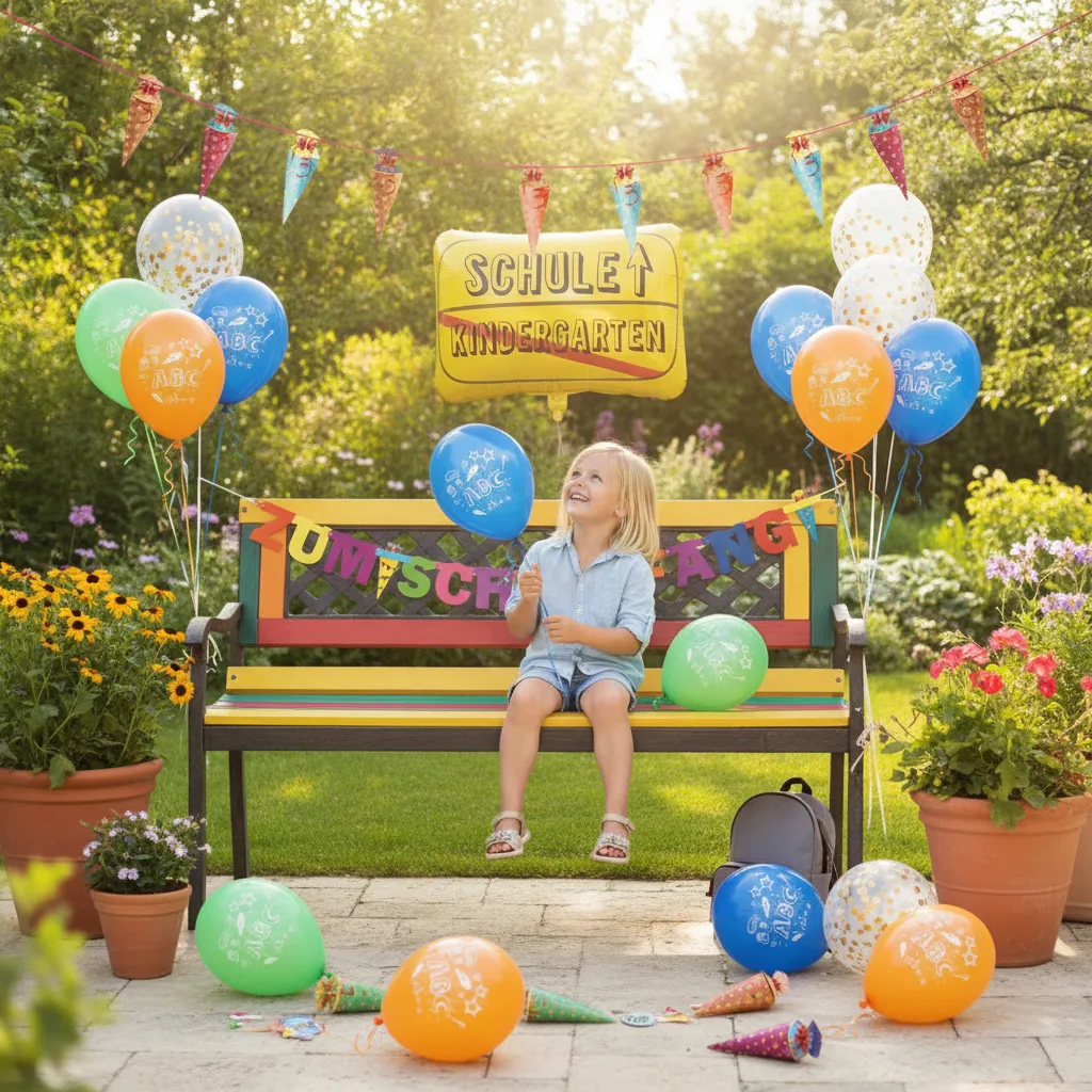 Deko zur Einschulung: Girlande, Banner und Luftballons mit Schultüten-Motiv