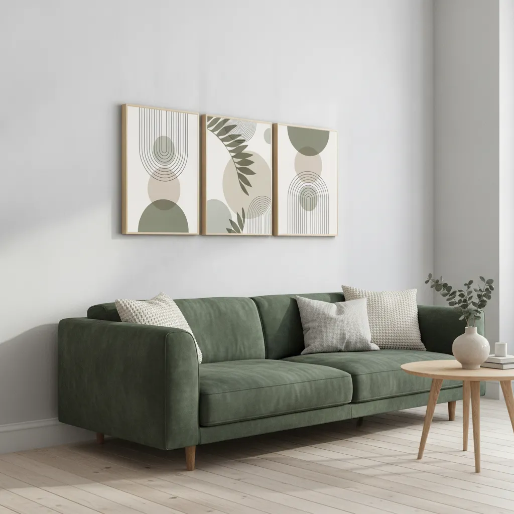 Abstrakte Boho Wandbilder in Grün – 3er Set über dem grünen Sofa