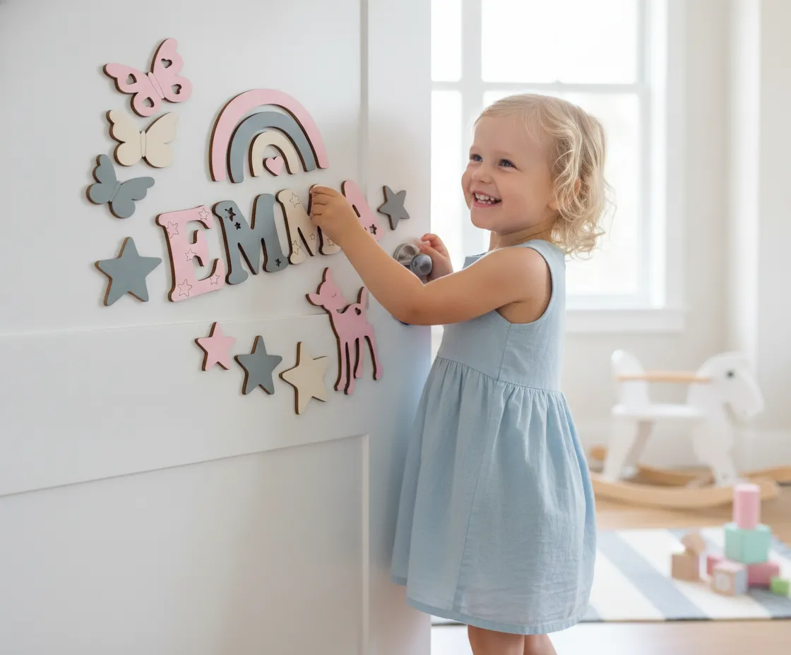 Schöne Holzbuchstaben als Namensschild an der Kinderzimmertür