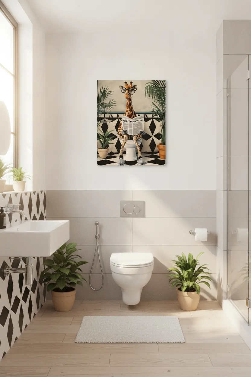 Lustiges Leinwandbild mit Giraffe auf der Toilette – Wanddeko fürs moderne Bad