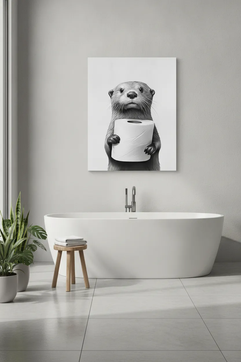 Otter mit Toilettenpapier – Leinwandbild für Bad und Gäste-WC