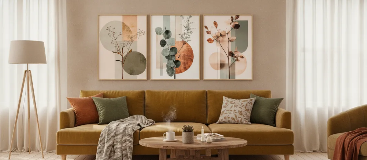 Poster Set mit abstrakter Blumenkunst über dem Sofa im Wohnzimmer