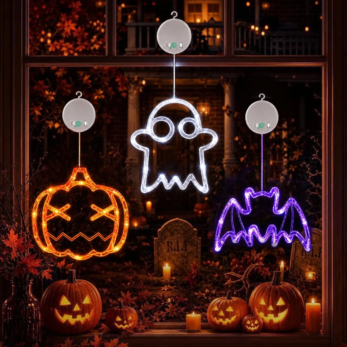 Halloween Fensterlichter im 3er Set – Kürbis, Geist und Fledermaus