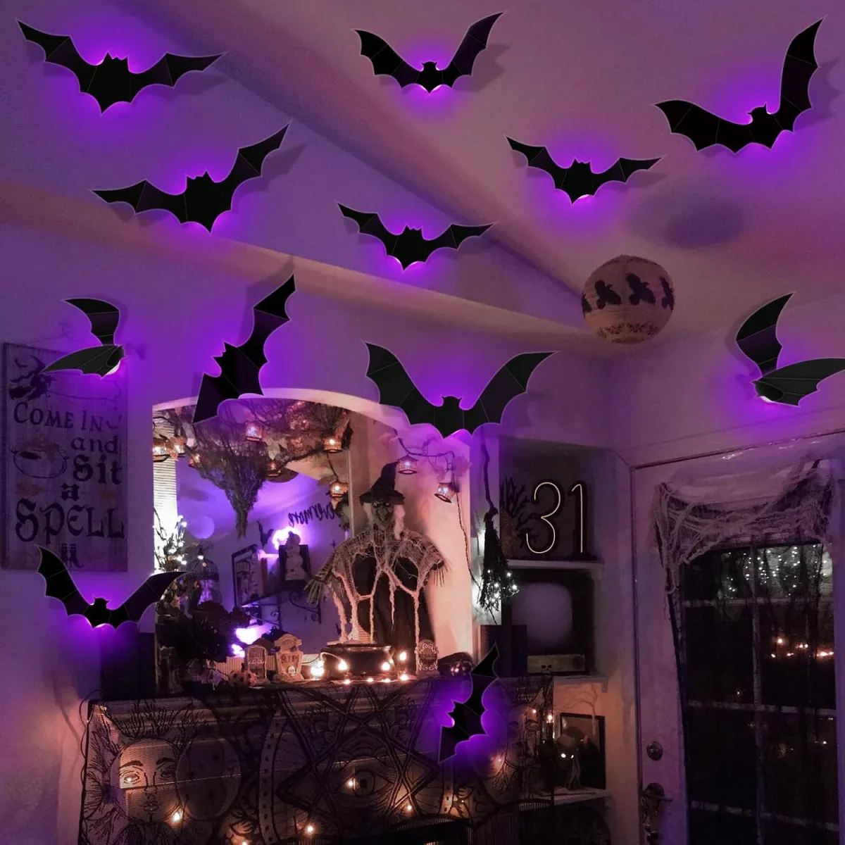 Leuchtende 3D-Fledermäuse als Halloween-Deko für Fenster, Wand und Garten