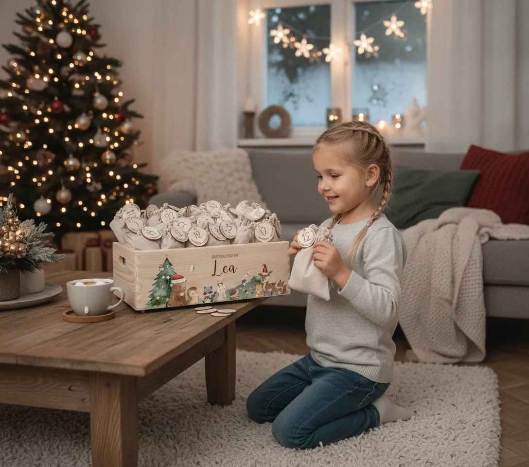 Adventskalender aus Holz mit Namen – zum Befüllen für Kinder