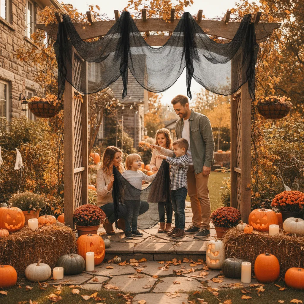 Schwarzes Gruseltuch für den Vorgarten – Halloween-Deko für Familien