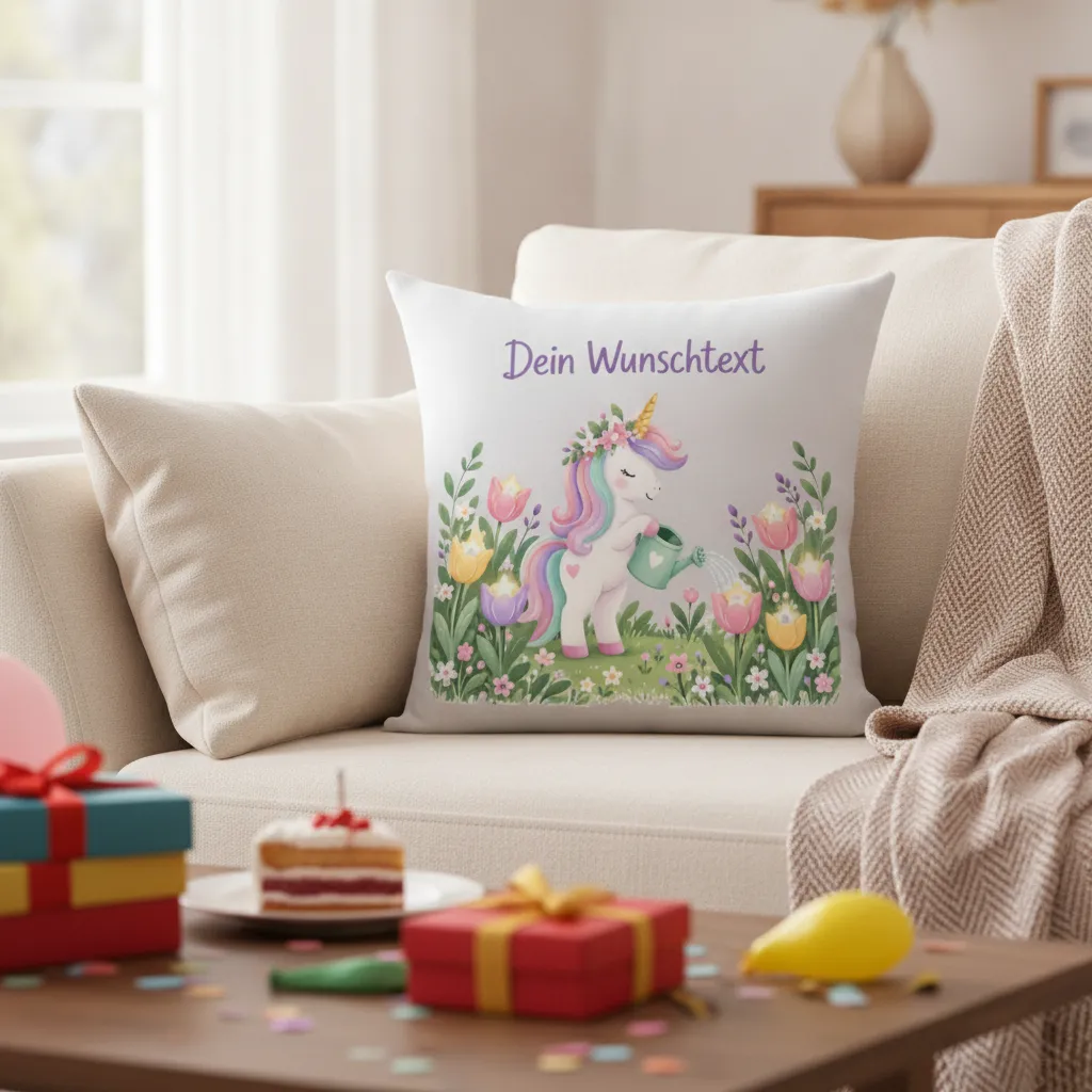 Einhorn Kissen mit Namen – Geschenk zum Geburtstag für Mädchen