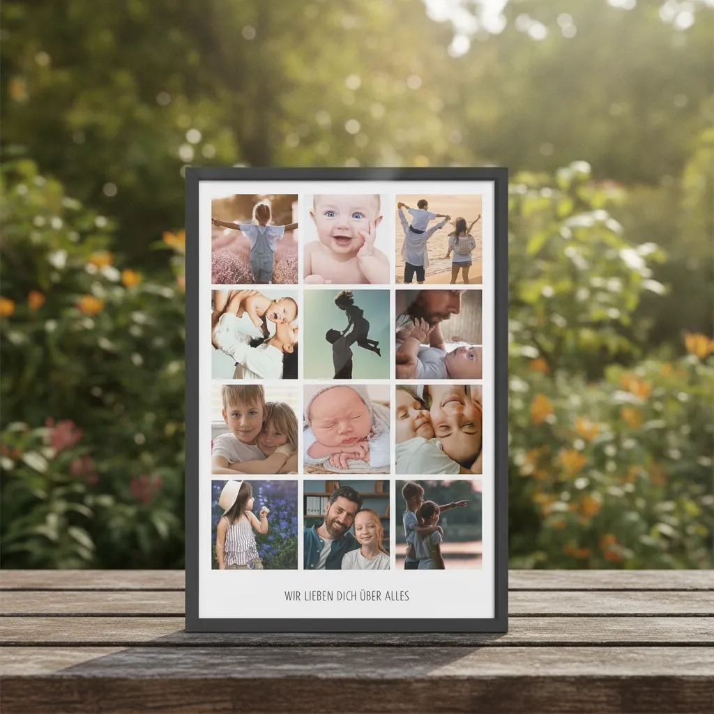 Wanddeko mit zwölf Familienfotos im schwarzen Rahmen