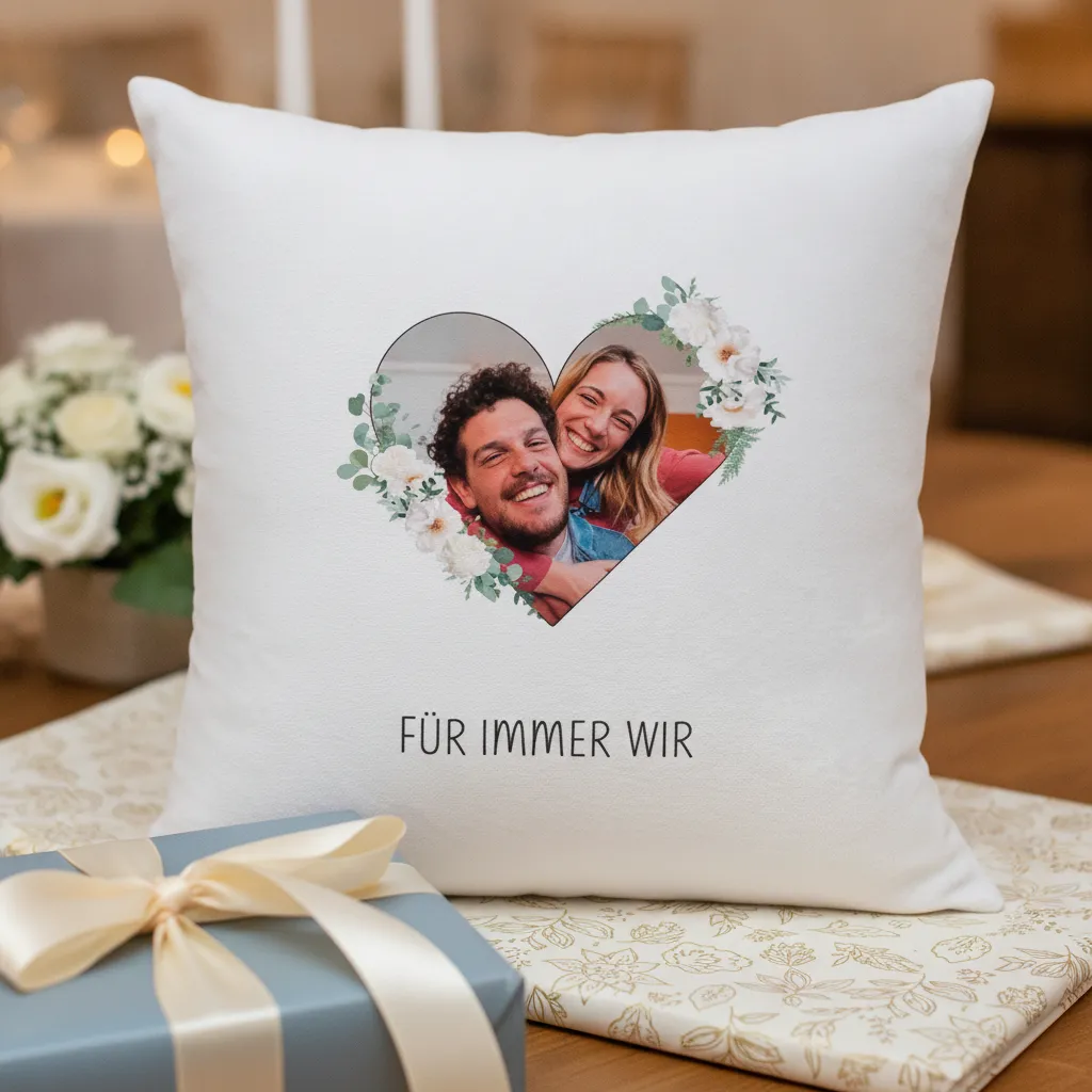 Personalisiertes Fotokissen als Hochzeitsgeschenk fuer das Brautpaar