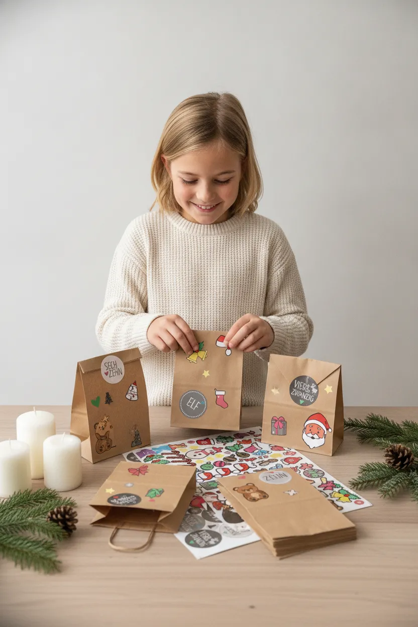 Adventskalender zum Befüllen: 24 Papiertüten mit Zahlenaufklebern – Bild 4