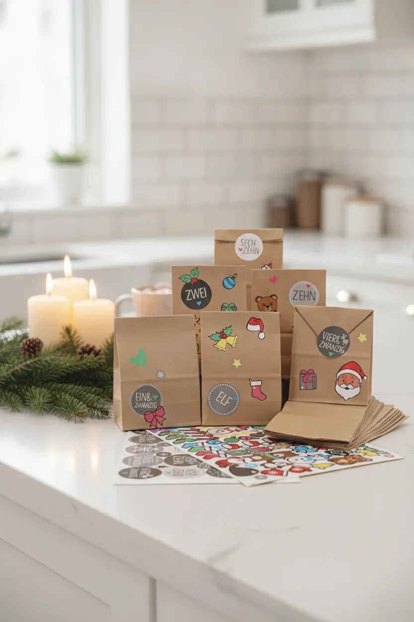 Adventskalender zum Befüllen: 24 Papiertüten mit Zahlenaufklebern