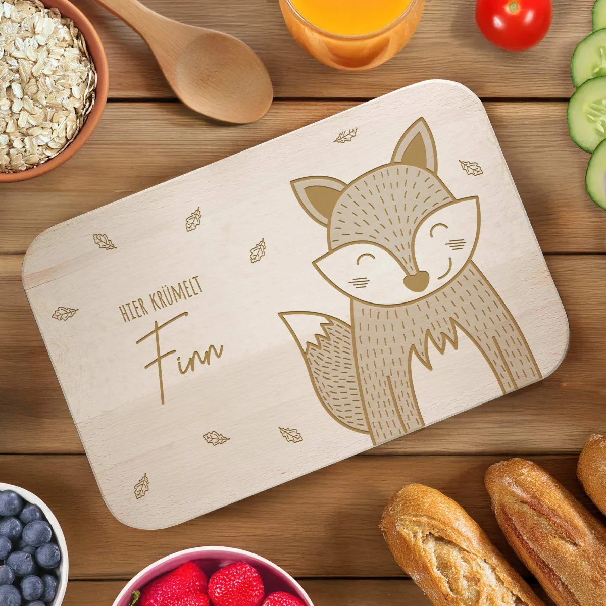 Frühstücksbrettchen mit Namen und Fuchs für Kinder