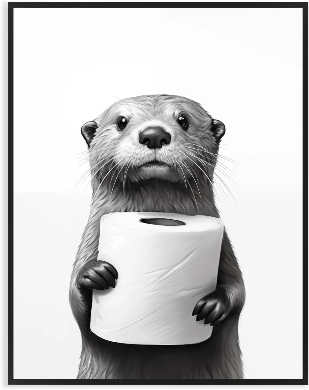 Otter mit Toilettenpapier – schwarz-weißes Bild fürs Badezimmer