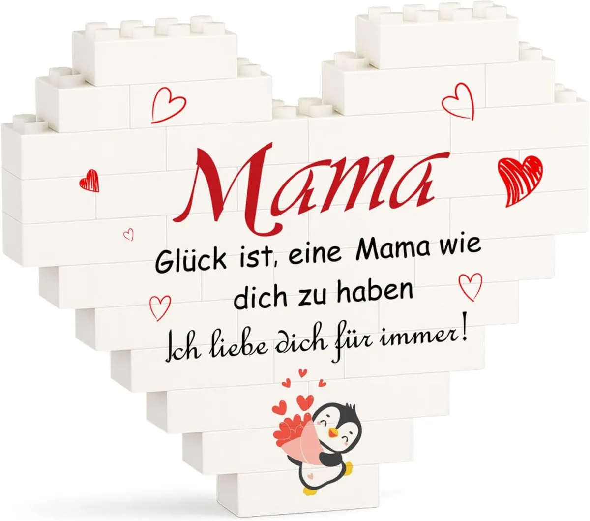 Pinguin mit Herz aus Bausteinen für Mama