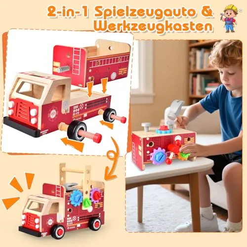 Werkzeugkoffer aus Holz als Feuerwehrauto für Kleinkinder – Bild 3