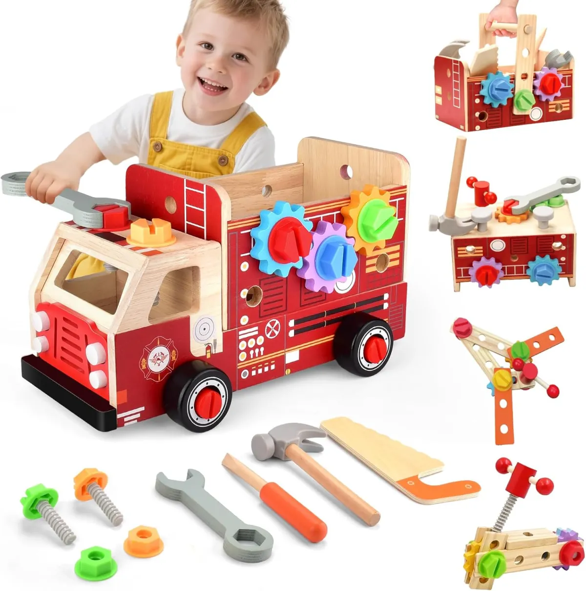 Werkzeugkoffer aus Holz als Feuerwehrauto für Kleinkinder