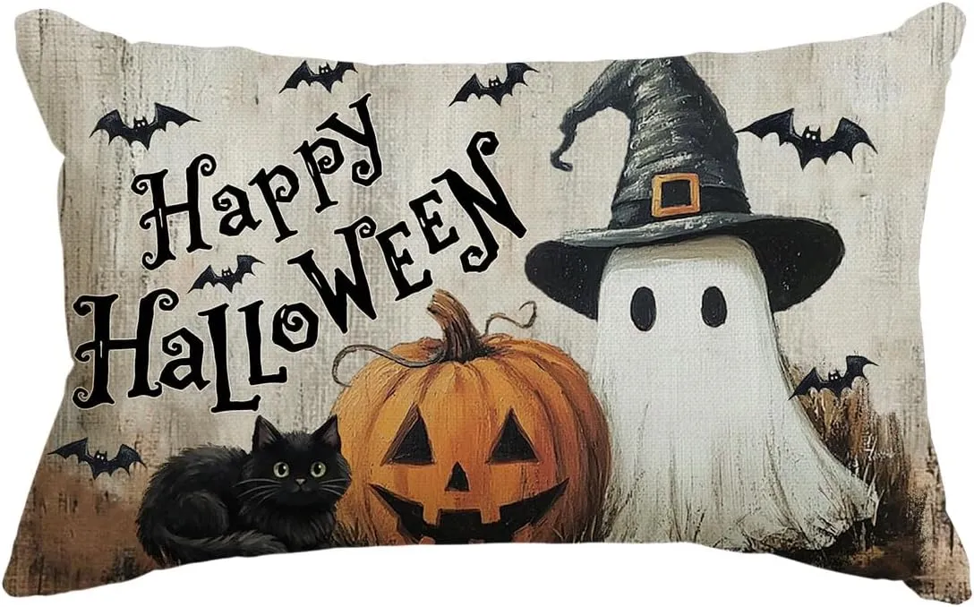 Halloween-Kissenbezug mit Katze und Kürbis