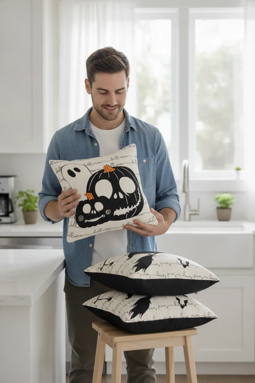 Halloween-Kissenbezüge in der Küche: Katze, Kürbis, Geist und Hexe