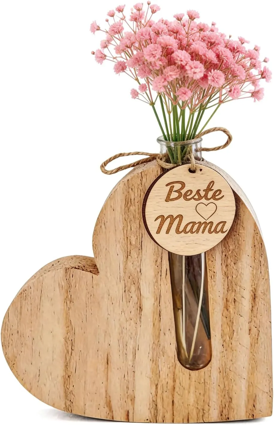 Herz aus Holz mit Trockenblume – Geschenk für Mama