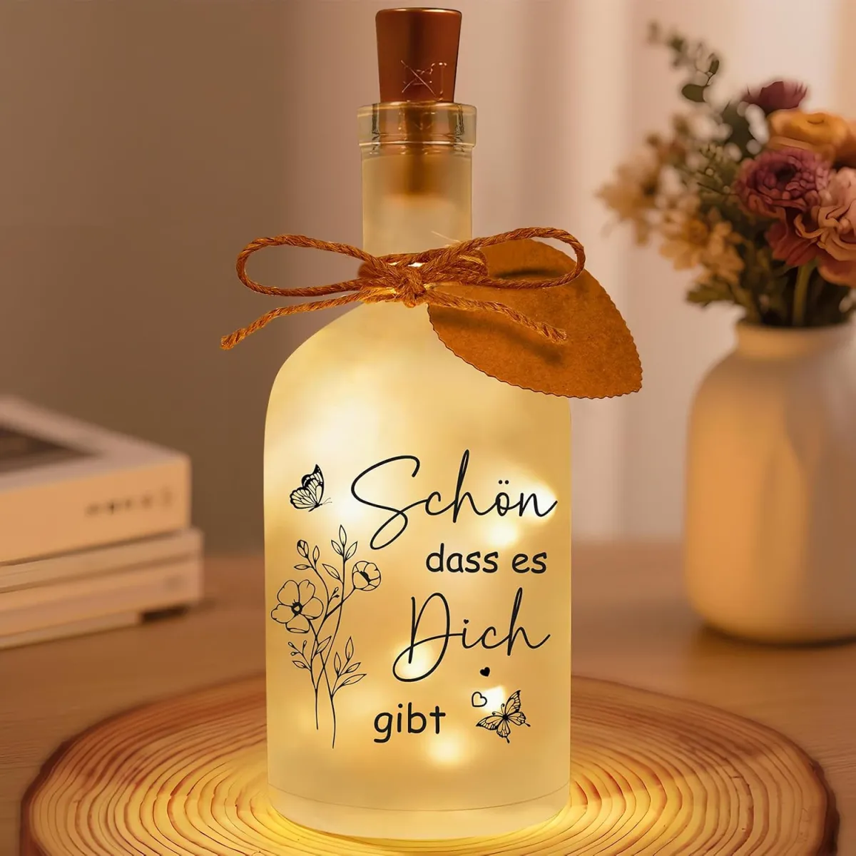 Leuchtflasche mit Spruch – kleines Geschenk für Frauen
