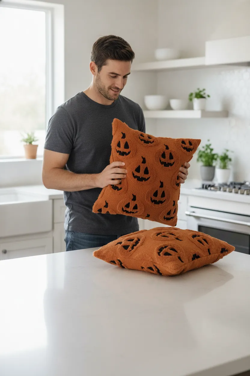 Halloween-Kissenbezüge in Karamell mit Geist und Kürbis